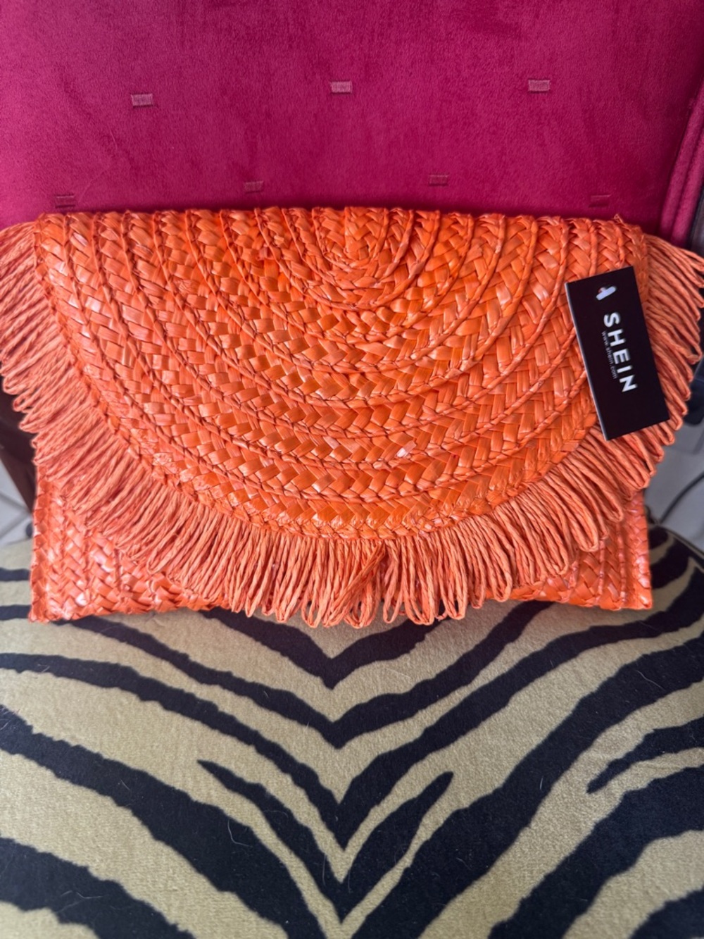 SHEIN Orange Woven Straw Envelope Clutch Fringe Boho NWT Summer Beach
